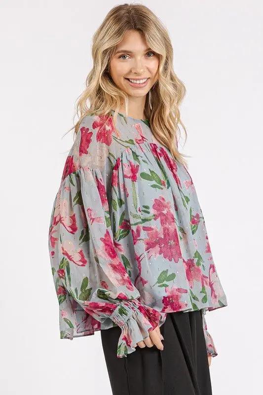 Mittoshop Floral Round Neck Flounce Sleeve Blouse for Women - Love Salve